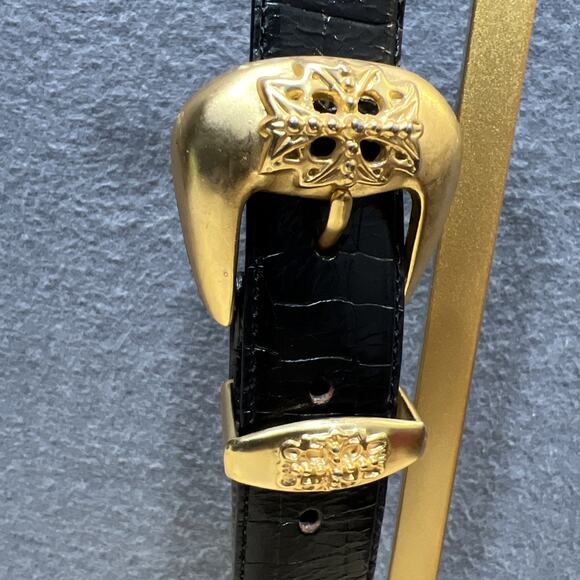 Vintage Express Concho Belt Womens Small/Black Croc Embossed Leather Brass - Picture 4 of 9